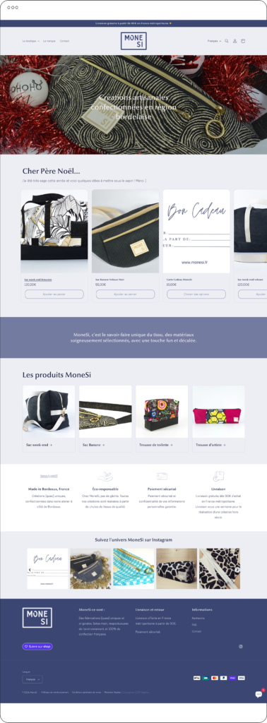 Homepage du site e-commerce Shopify MoneSi, mode éco responsable, vente de sacs, trousses, tote bags