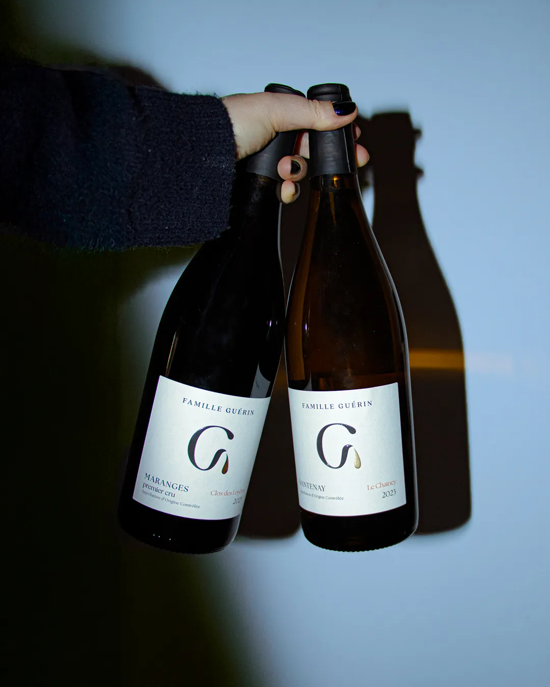 Main qui tient deux bouteilles de vin du domaine Famille Guérin