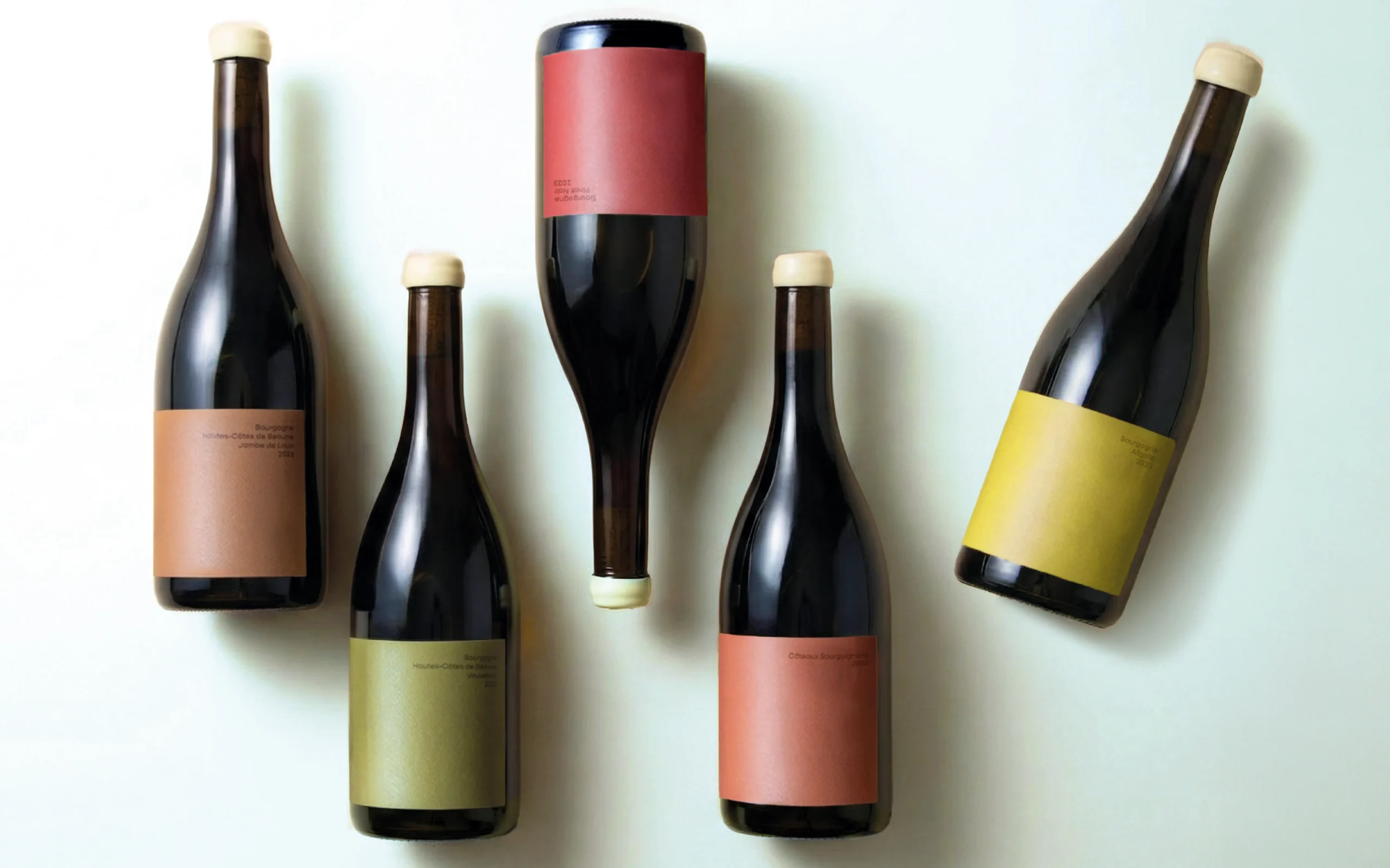 lignée de bouteilles du domaine Hoffmann-Demangeot, étiquettes colorées
