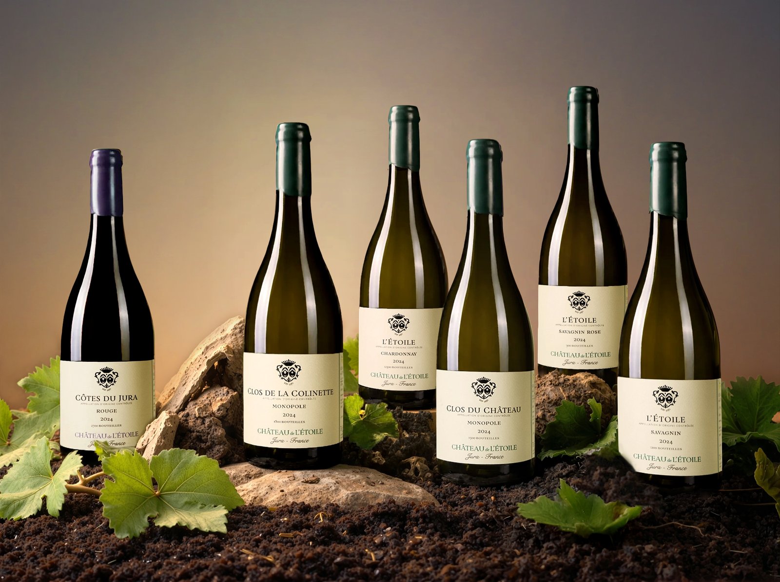 shooting photo ambiance bouteilles Château de l'Étoile, domaine dans le Jura, France